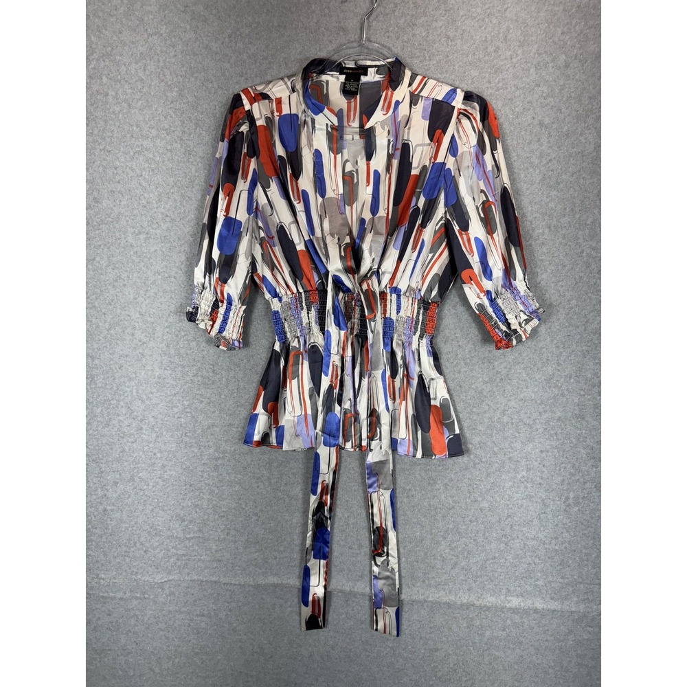 BCBG Max Azria Blouse Womens Medium Multicolor Abstract Print‎ Belted Top Shirt